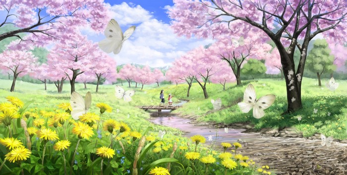 Anime scene with cherry blossoms and butterflies