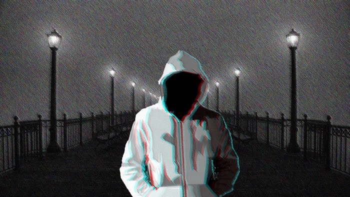Mysterious Hooded Figure on Dark Rainy Pier