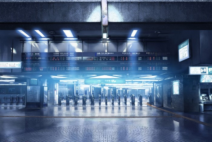 Train station with digital displays and ticket gates