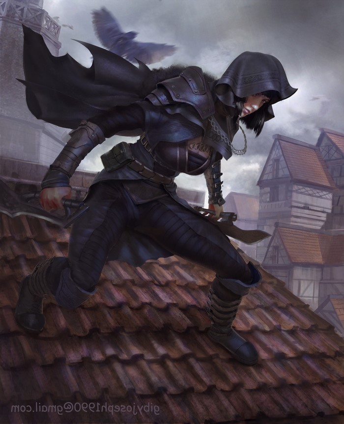 Assassin in black hood on rooftops