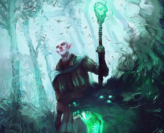 Solas from Dragon Age Inquisition with a spirit wolf