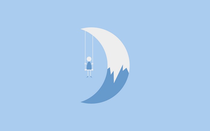 Minimalist illustration of a person on a swing on a crescent moon