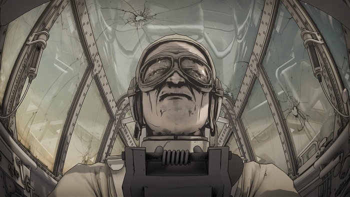 Pilot in a cracked cockpit of a gunship