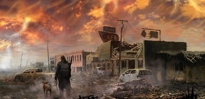 Post-apocalyptic survivor with dog in ruined town
