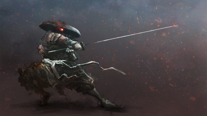 Samurai warrior with katana in a fiery battle