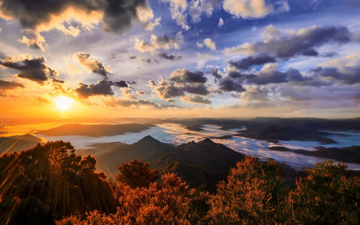 Sunrise over misty mountains and forest
