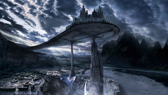 Fantasy city on a floating platform over a valley