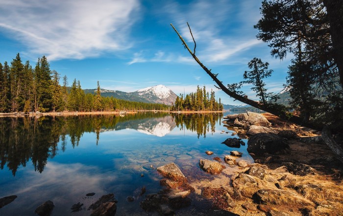 Serene Mountain Lake with Forest and Snowy Peak