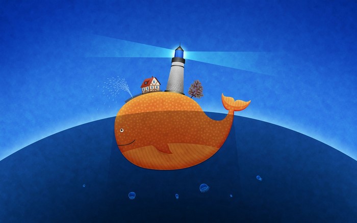Whale with lighthouse and house artwork