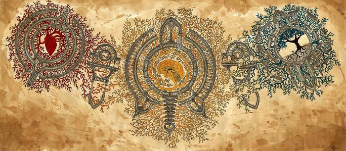 Three circular emblems with organic designs on parchment