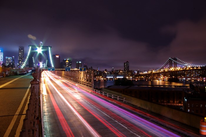 Brooklyn Bridge at Night with Light Trails in New York City