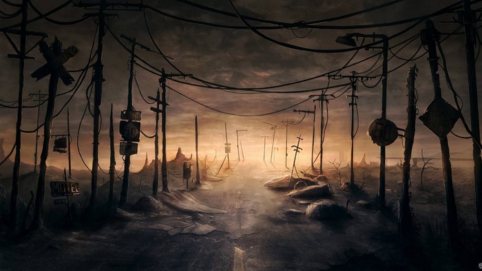 Abandoned street with power lines at sunset
