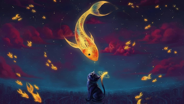Cat Reaching for a Clockwork Goldfish in a Starry Sky