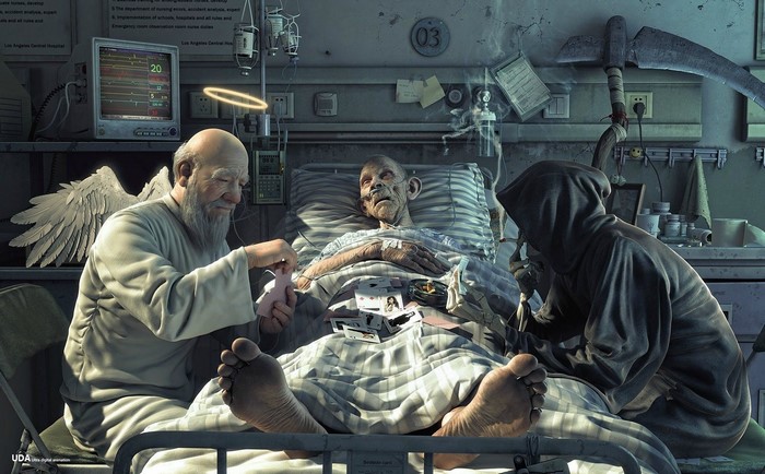 Angel and Grim Reaper with Dying Man in Hospital