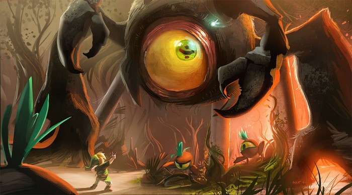 Link faces a giant spider-like creature in The Legend of Zelda