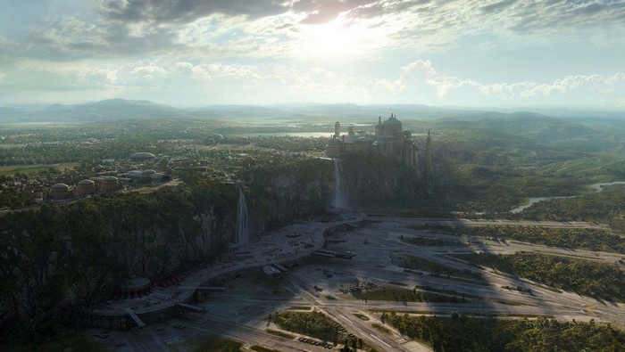 Naboo cityscape with waterfalls and mountains