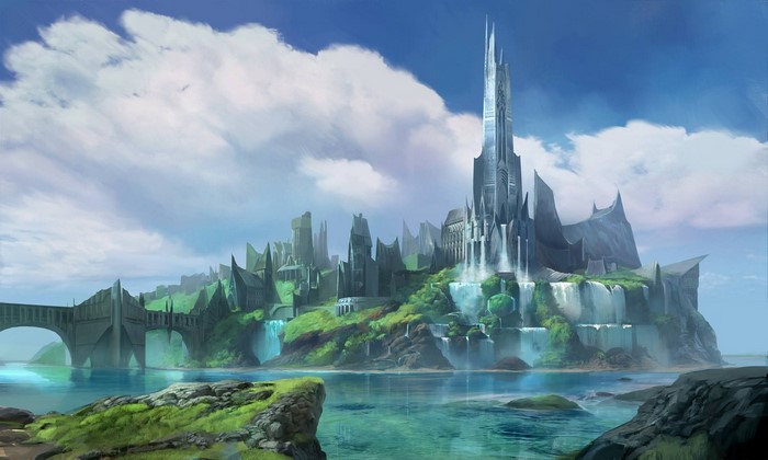 Majestic Fantasy Castle on a Waterfall Island