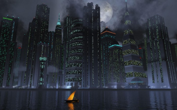 Futuristic Gotham City skyline at night with a sailboat