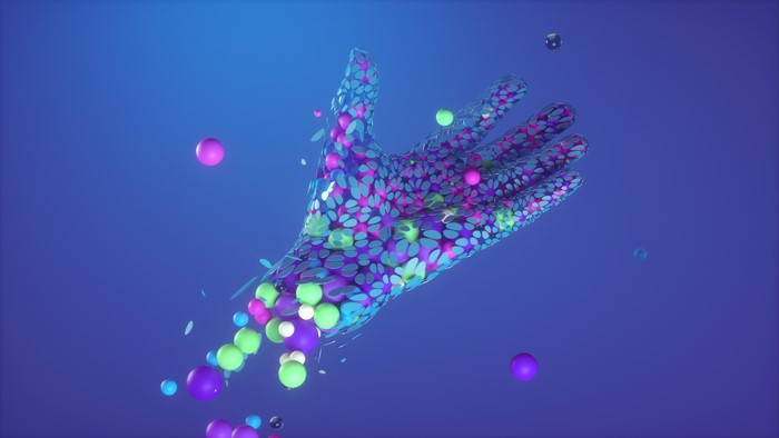 Abstract hand with colorful spheres and patterns