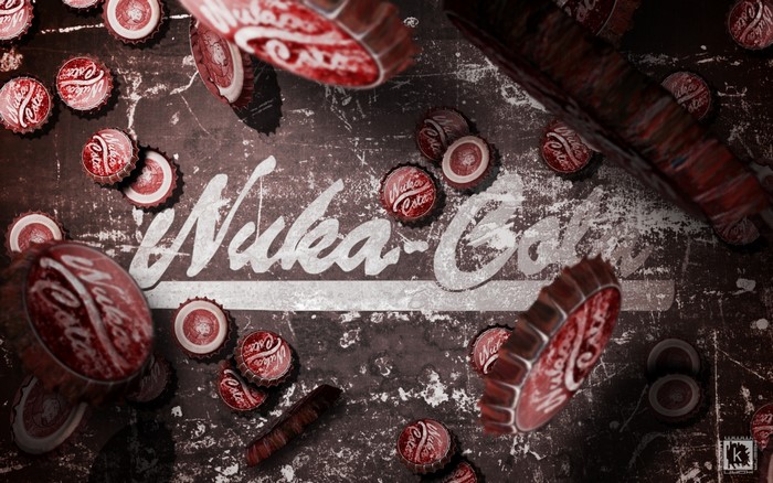 Fallout Nuka-Cola bottle caps on a textured surface