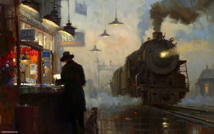 Moody Evening Train Station with Lone Passenger and Dog