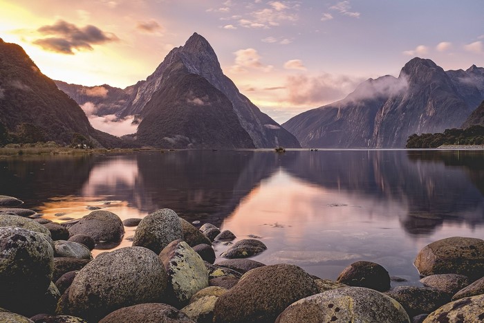 Milford Sound New Zealand Mountains and Lake at Sunset