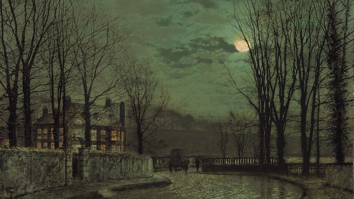 Moonlit night painting of a house and carriage
