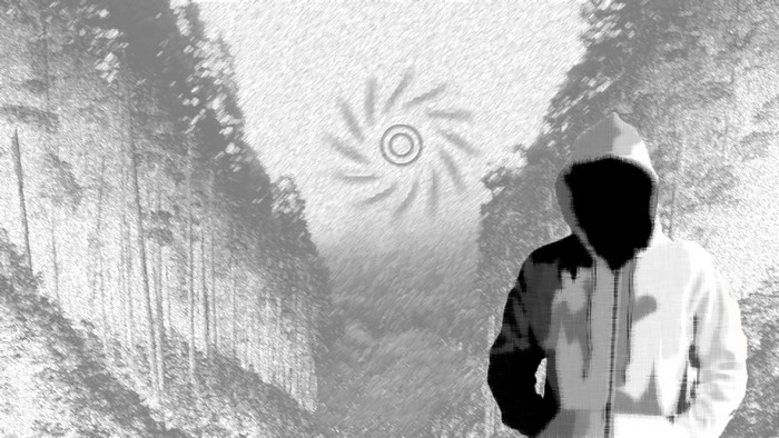 Hooded figure in a forest with a swirling symbol