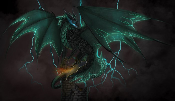 Dragon with glowing wings on a tower