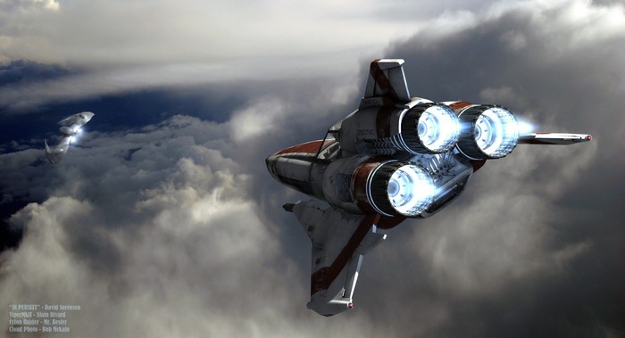 ViperMkII and Cyton Raider spaceships in clouds