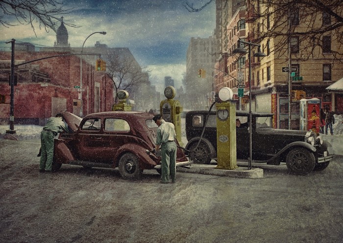 1930s New York City Gas Station in Snow