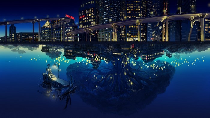 Futuristic Cityscape Reflected in Water with Floating Lanterns
