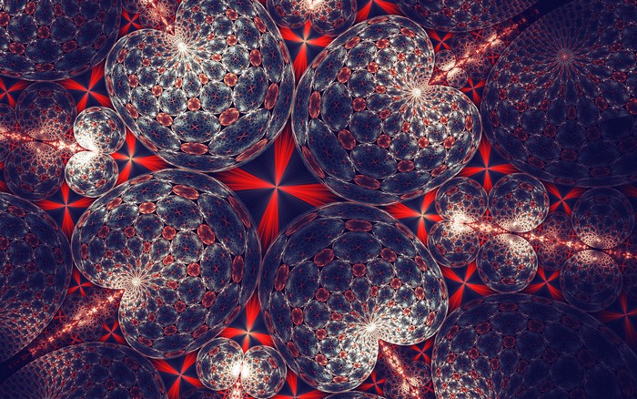 Abstract fractal artwork with spheres and red starbursts