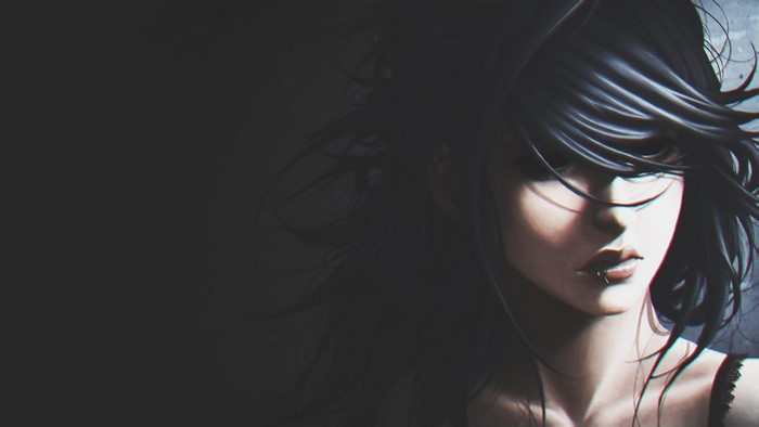 Anime girl with dark hair and piercing