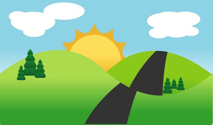 Cartoon landscape with sun, clouds, hills, and road