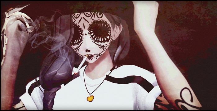 Girl with sugar skull face smoking a cigarette