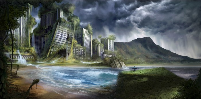 Apocalyptic city overgrown with nature by the sea