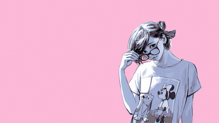 Girl with glasses and cartoon characters on shirt