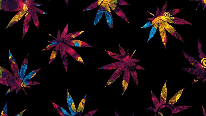 Colorful cannabis leaves pattern on black background
