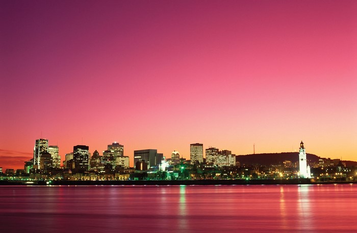 Montreal cityscape at sunset with pink sky