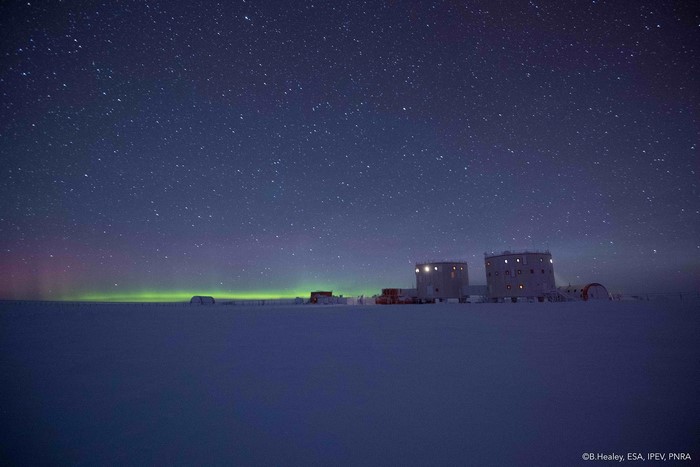 Aurora Borealis over Concordia Research Station in Antarctica