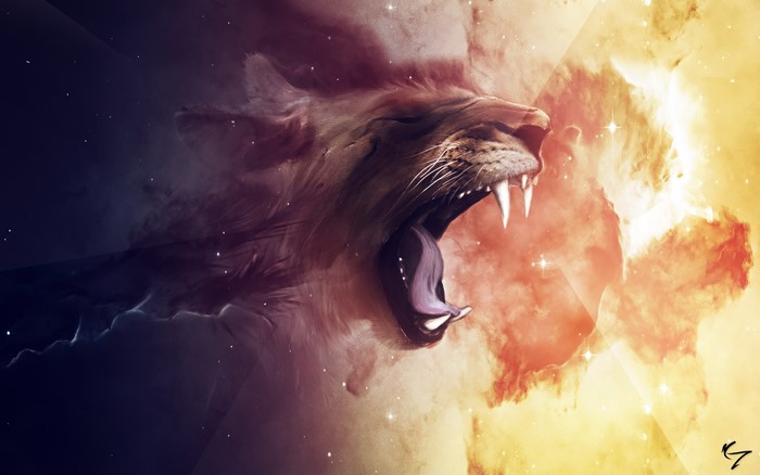 Lion roaring in abstract space nebula