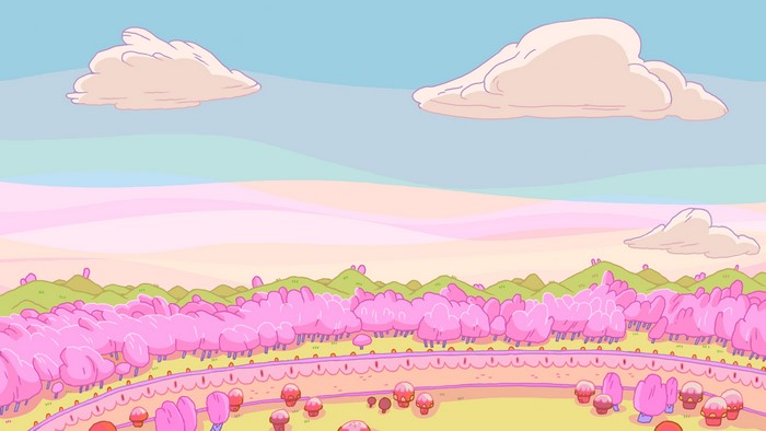 Adventure Time landscape with pink trees and clouds
