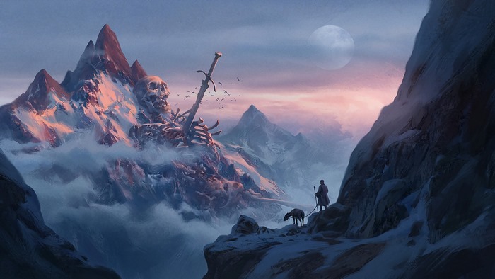 Giant skeleton and sword on a snowy mountain peak