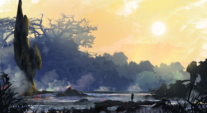 Digital art landscape illustration of a sunset over a misty forest