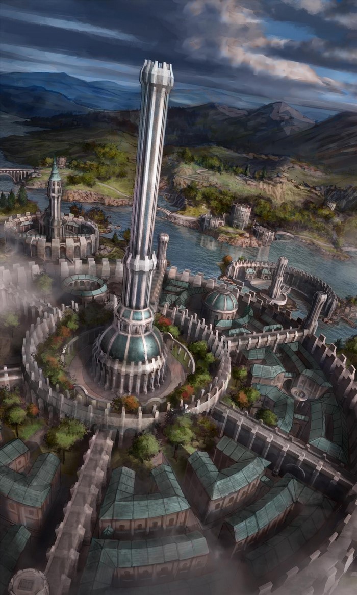 Fantasy city with a tall tower and mountains