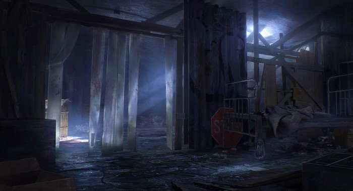 Abandoned dark room with blood