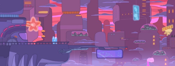 Cartoon cityscape with futuristic buildings and sky