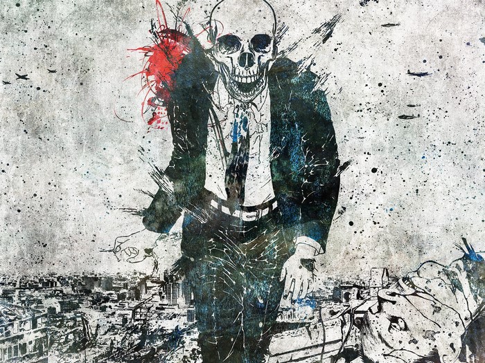 Skull in a suit amidst a destroyed city