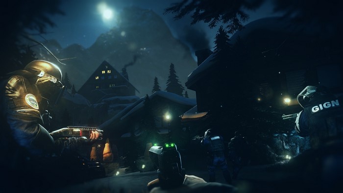 Rainbow Six Siege GIGN operators in snowy village at night